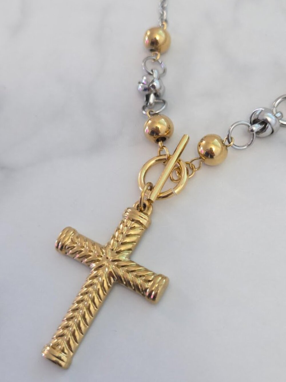 Two Tone Gold Silver Chevron Cross Toggle Chain Necklace - Picture 6 of 15